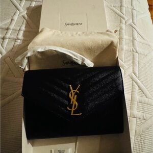 Saint Laurent Black Quilted Envelope Wallet with Gold YSL Emblem